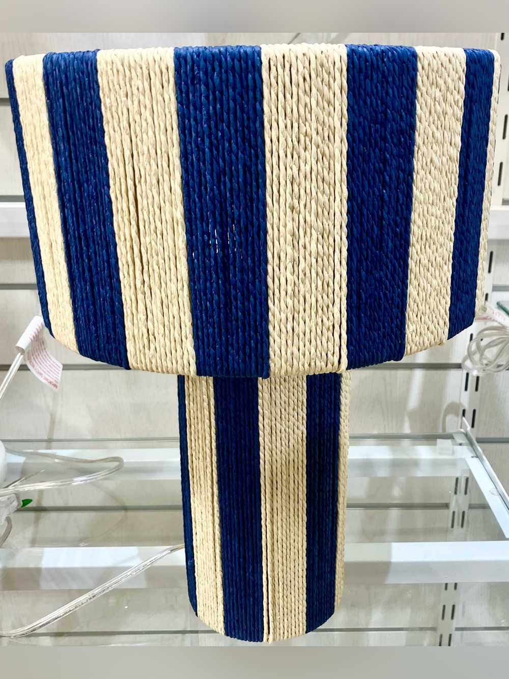 KARMA HOME SMALL textured striped table top lamp in blue/tan color.